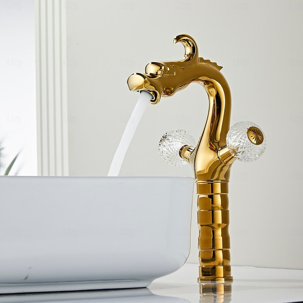 Polished Gold Dragon Bathroom Faucet, Single-Hole Double Crystal Knob Handle Faucet