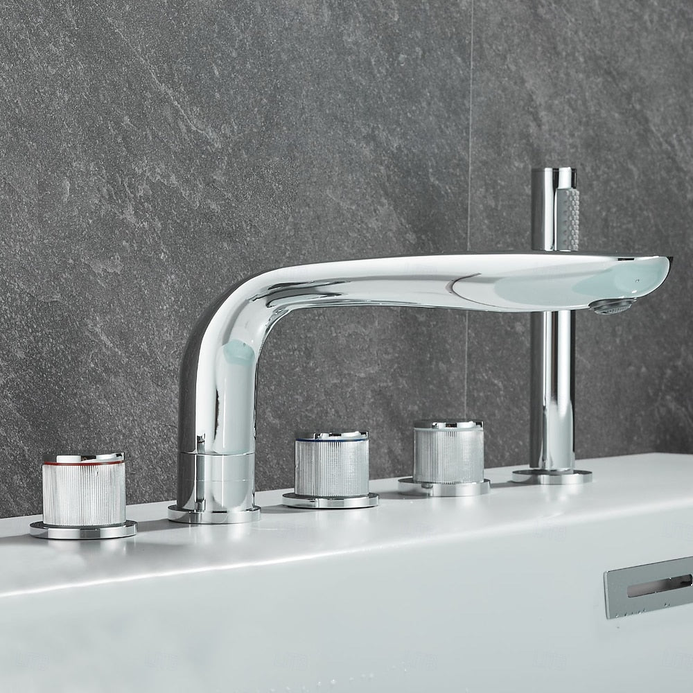 Chrome Modern Deck-Mount Tub Filler Faucet, 3-Handle 5-Hole Roman Tub Faucet with Handheld Shower