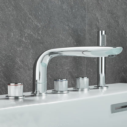 Chrome Modern Deck-Mount Tub Filler Faucet, 3-Handle 5-Hole Roman Tub Faucet with Handheld Shower