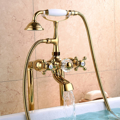 Traditional Roman Tub Faucet with Handheld Shower, 3-Handle Deck-Mount Tub Filler, Chrome / Polished Gold