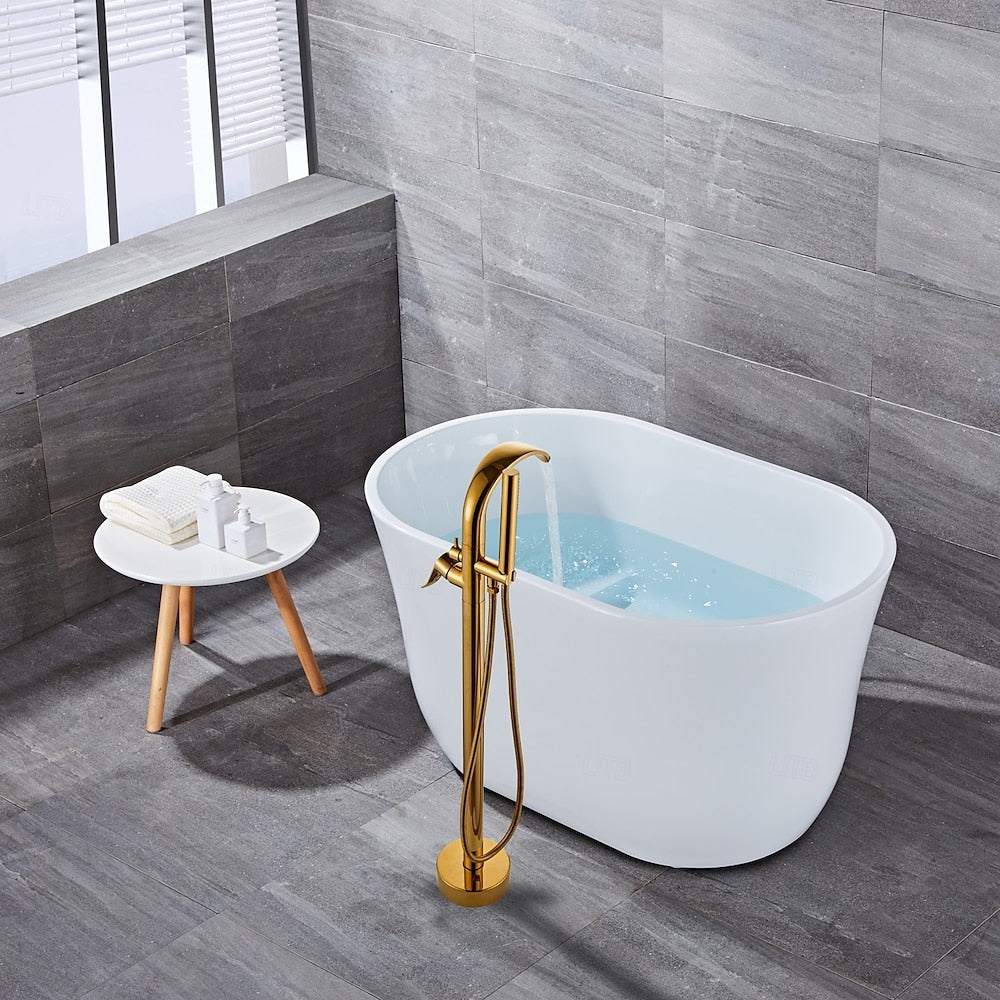 Brushed Gold Freestanding Tub Filler, Single-Handle Brass Faucet with Handheld Shower