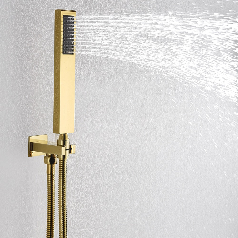 Brushed Gold Wall-Mounted Rainfall Shower System, Modern Single-Handle Tub Shower Faucet with Handheld Shower, Tub Spout