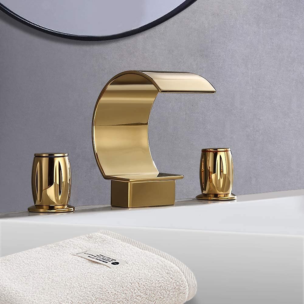 Waterfall Bathroom Faucet, Modern 3-Hole Widespread Dual-Handle Faucet, Polished Gold / Matte Black