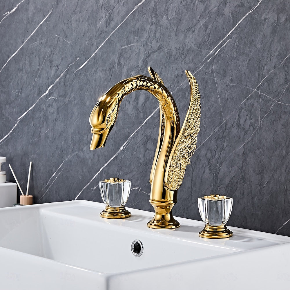 Polished Gold Swan Design Widespread Bathroom Faucet, 3-Hole Dual-Handle Faucet with Crystal Knob Handles