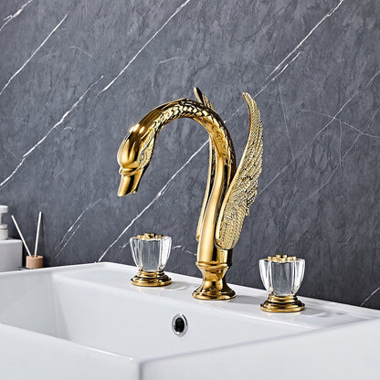 Polished Gold Swan Design Widespread Bathroom Faucet, 3-Hole Dual-Handle Faucet with Crystal Knob Handles