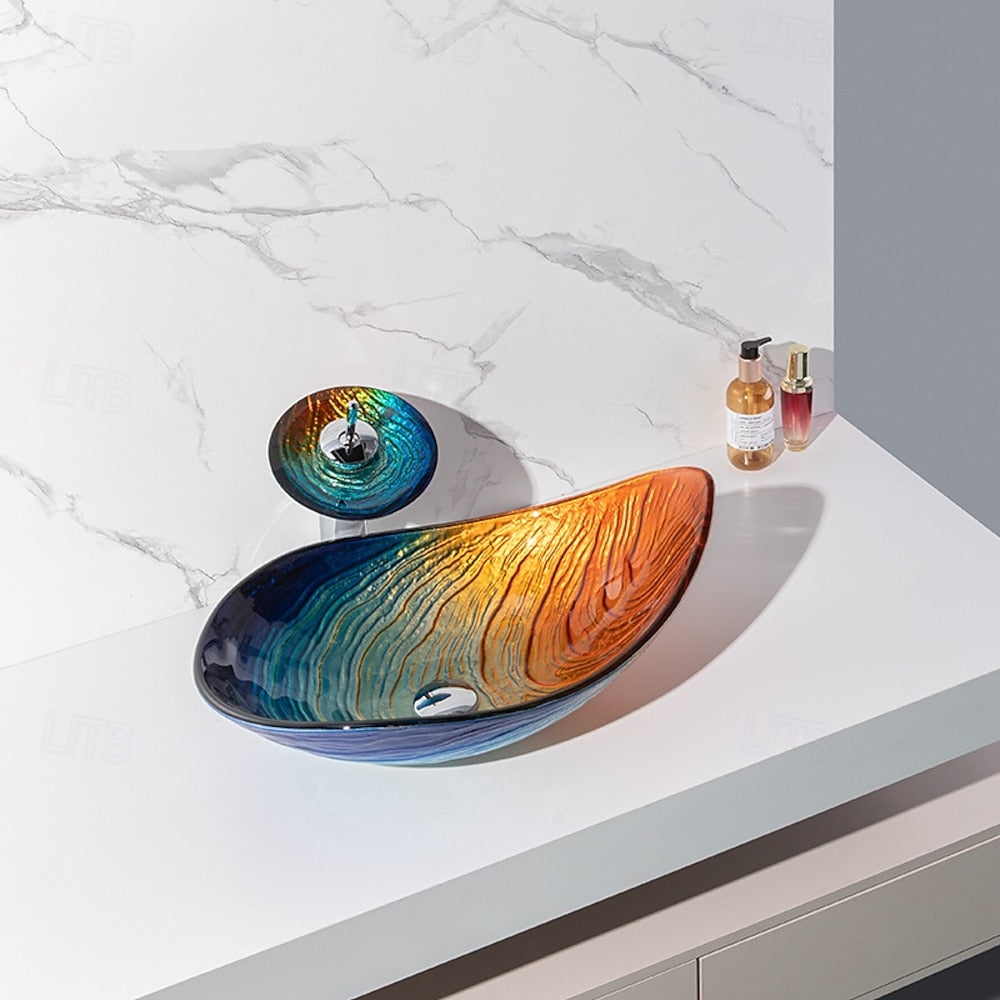 Modern Tempered Glass Vessel Sink, Single-Handle Chrome Waterfall Faucet Combo