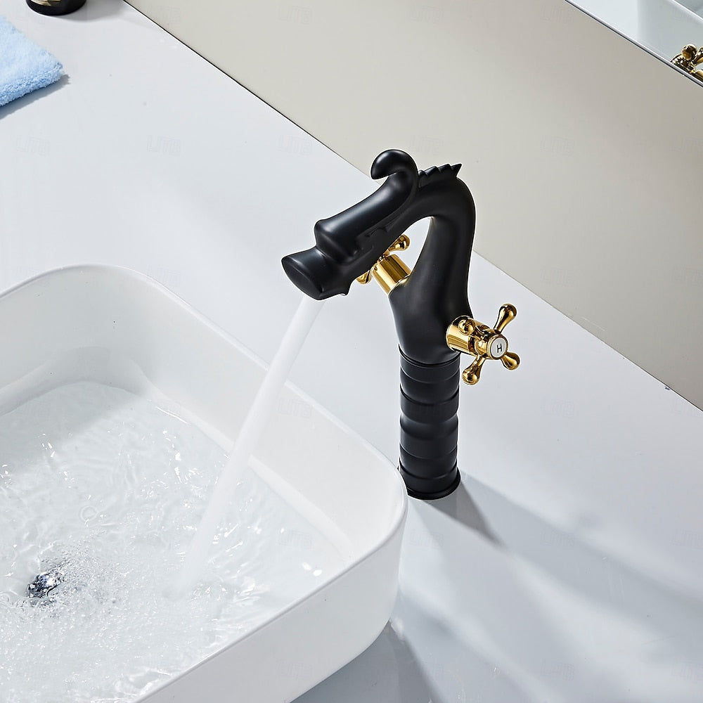 Two-Tone Dragon-Shaped Bathroom Faucet, Single-Hole Vessel Sink Faucet with Dual Cross Handles