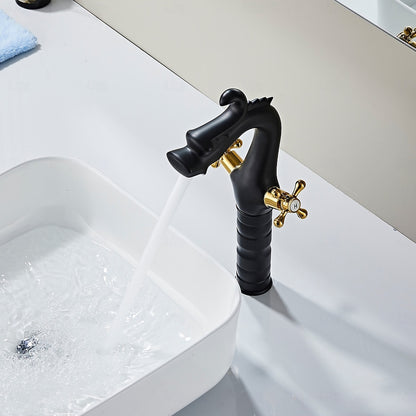 Two-Tone Dragon-Shaped Bathroom Faucet, Single-Hole Vessel Sink Faucet with Dual Cross Handles