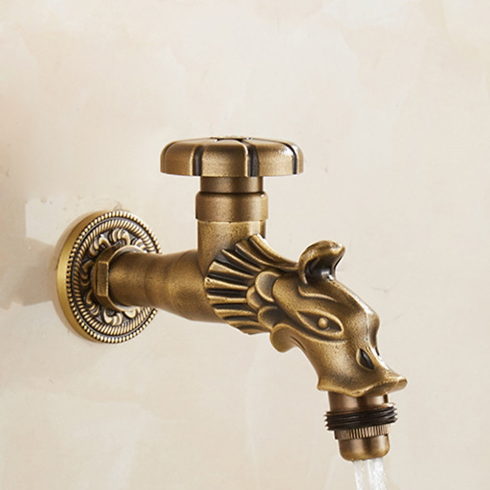 Retro Dragon Design Wall-Mount Outdoor Faucet, Single-Handle Brass Faucet, Antique Brass / Matte Black / Brushed Gold