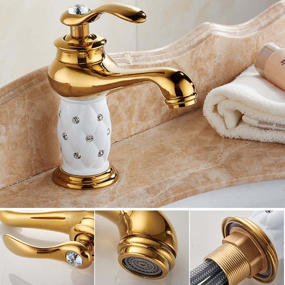 Vintage Rhinestone Ceramic Bathroom Faucet, Single-Hole Single-Handle Brass Faucet, Chrome / Polished Gold