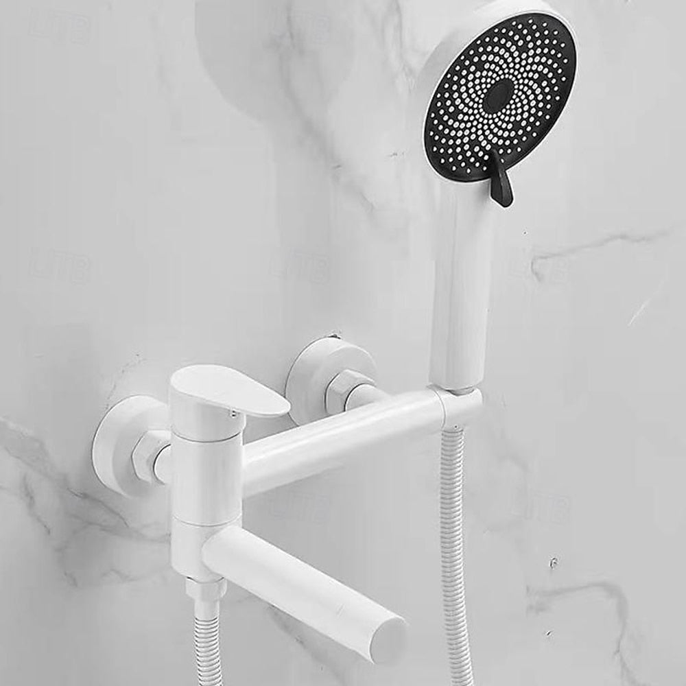 Modern Wall-Mount Tub Faucet, Single-Handle Swivel Spout Faucet with Handheld Shower, Brushed Gold / Matte Black / Gunmetal / Chrome / Matte White