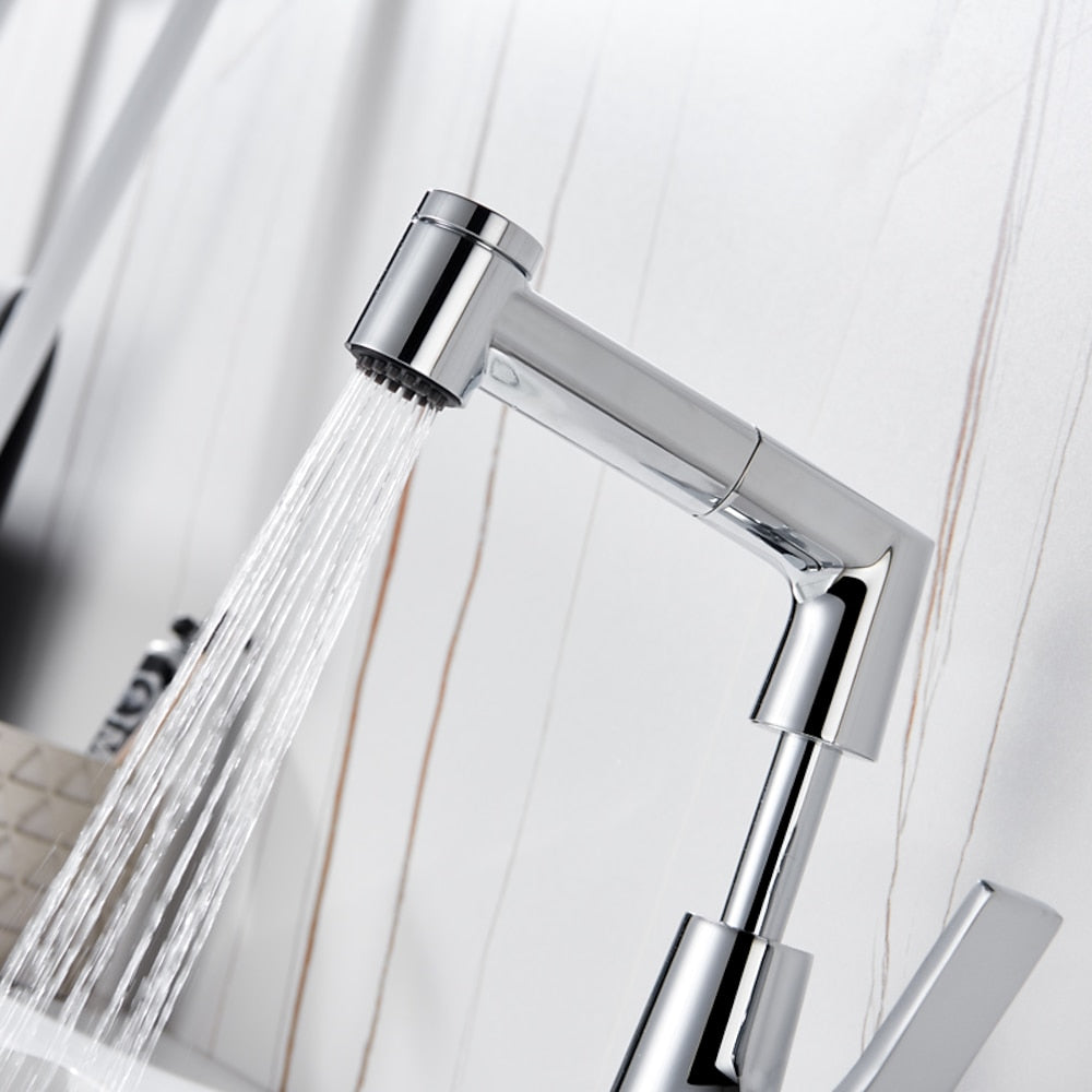 Pull-Out Single-Hole Bathroom Faucet, Single-Handle Brass Faucet, Brushed Gold / Chrome / Matte Black / Gunmetal