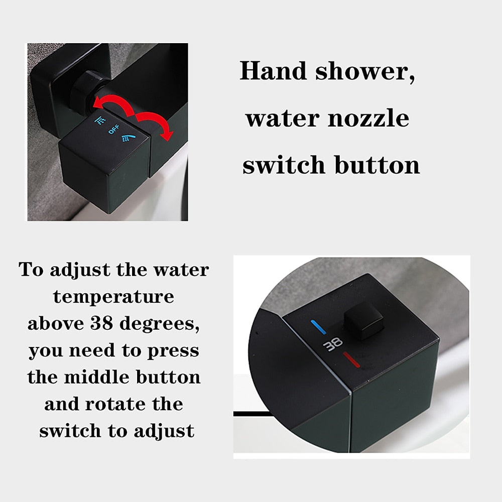 Matte Black Thermostatic Wall-Mount Bathtub Faucet, Dual-Handle Brass Tub Filler with Handheld Shower