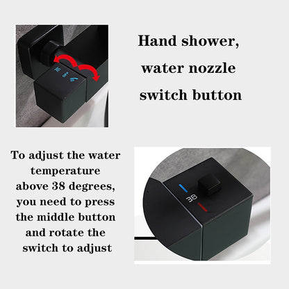 Matte Black Thermostatic Wall-Mount Bathtub Faucet, Dual-Handle Brass Tub Filler with Handheld Shower
