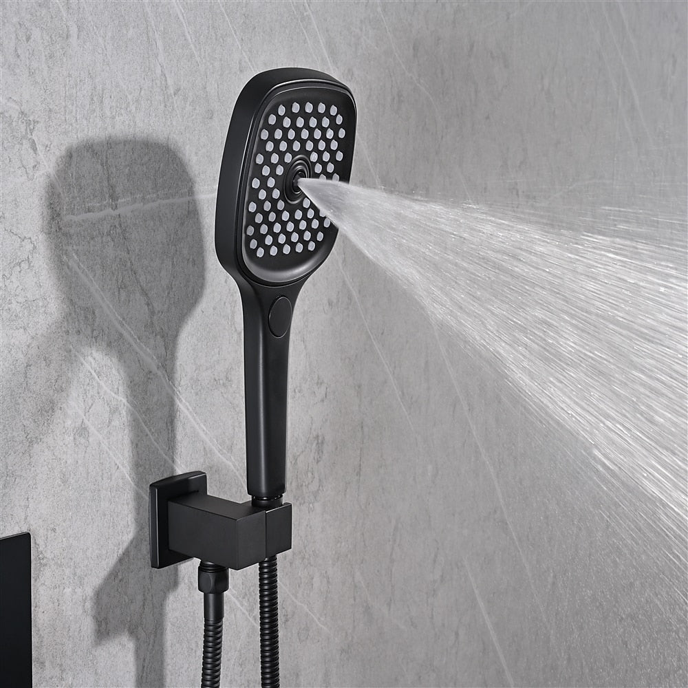 Matte Black LED Thermostatic Waterfall Shower System, Ceiling-Mounted Rainfall Shower Faucet Set with Handheld Shower