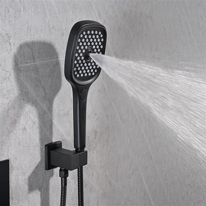 Matte Black LED Thermostatic Waterfall Shower System, Ceiling-Mounted Rainfall Shower Faucet Set with Handheld Shower