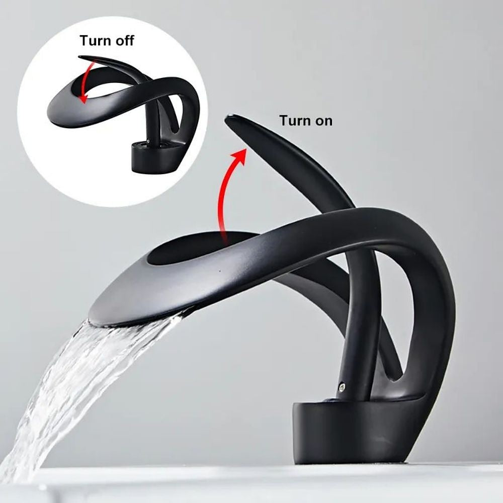 Waterfall Single-Hole Bathroom Faucet, Single-Handle Brass Vessel Sink Faucet, Matte Black / Chrome / Brushed Gold / Matte White / Gunmetal