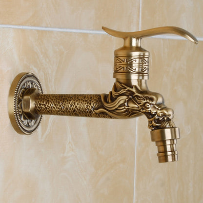 Antique Brass Carved Dragon Faucet, Single-Handle Wall-Mounted Outdoor Tap