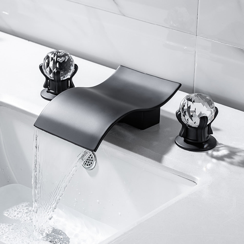 Waterfall Brass Bathroom Faucet, 3-Hole Widespread Faucet with Crystal Knob Handles, Matte Black / Chrome