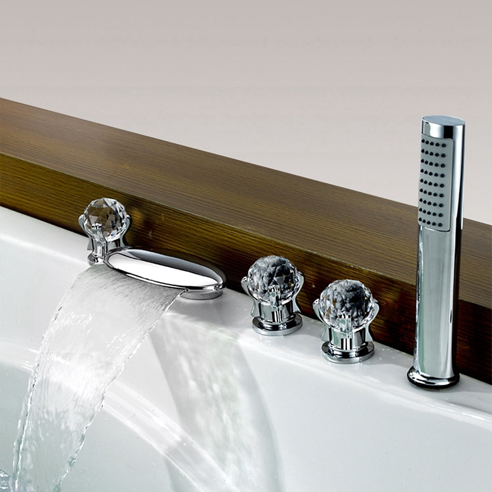 Waterfall Contemporary Chrome Roman Tub Faucet, 5-Hole 3-Handle Brass Tub Filler with Handheld Shower