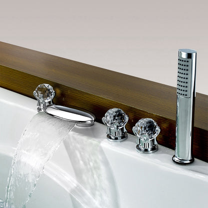 Waterfall Contemporary Chrome Roman Tub Faucet, 5-Hole 3-Handle Brass Tub Filler with Handheld Shower
