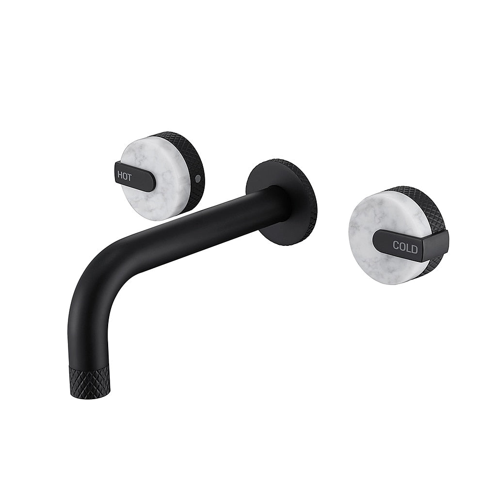Matte Black Wall-Mount Bathroom Faucet, Rotatable Spout Dual-Handle Faucet with Marble Handles