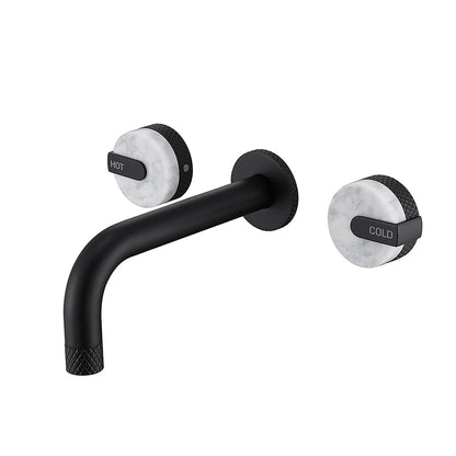 Matte Black Wall-Mount Bathroom Faucet, Rotatable Spout Dual-Handle Faucet with Marble Handles