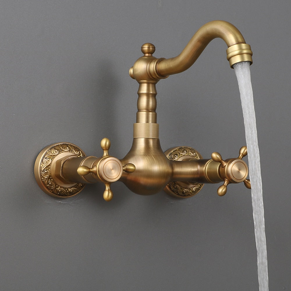 Traditional Antique Brass Wall-Mount Kitchen Faucet, Dual Cross Handle Brass Faucet with Swivel Spout