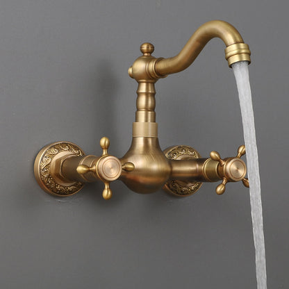 Traditional Antique Brass Wall-Mount Kitchen Faucet, Dual Cross Handle Brass Faucet with Swivel Spout