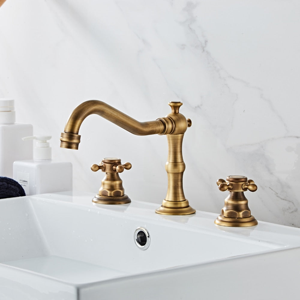 Traditional Antique Brass Widespread Bathroom Faucet, Dual Cross Handle Sink Faucet