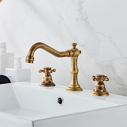 Traditional Antique Brass Widespread Bathroom Faucet, Dual Cross Handle Sink Faucet
