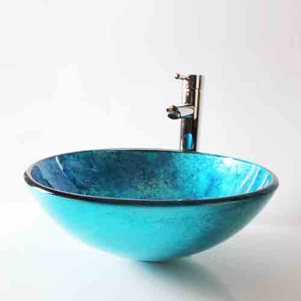 Contemporary Round Tempered Glass Vessel Bathroom Sink with Single-Handle Faucet, Vanity Basin Set with Pop-Up Drain, Silver / Gold / Bronze / Gray / Multi