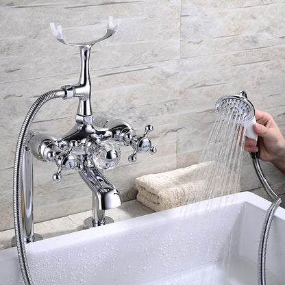 Traditional Roman Tub Faucet with Handheld Shower, 3-Handle Deck-Mount Tub Filler, Chrome / Polished Gold
