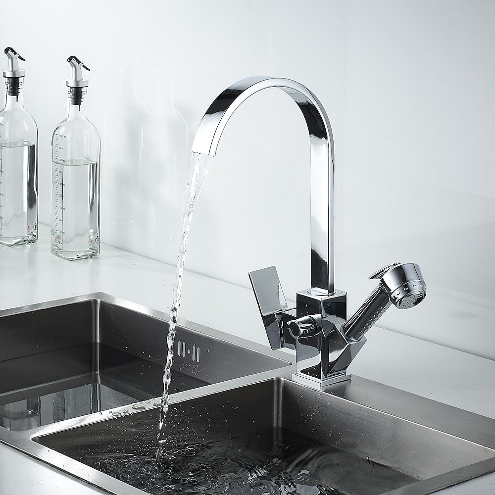 Chrome Pull-Out Sprayer Kitchen Faucet, Modern Single-Handle High Arc Faucet