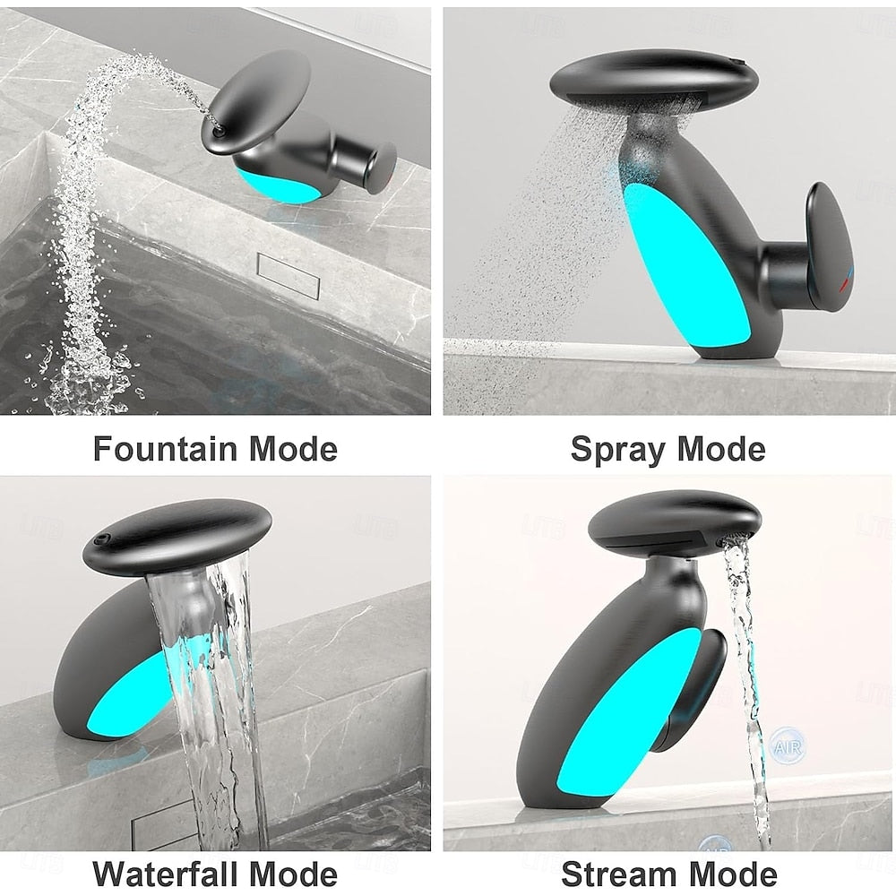 LED Pull-Out Bathroom Faucet, Single-Hole Single-Handle Faucet, Matte Black / Brushed Gold / Gunmetal