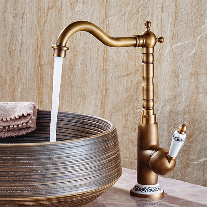 Antique Brass Traditional Single-Hole Bathroom Faucet, Single-Handle High Arc Vessel Sink Faucet with Ceramic Lever