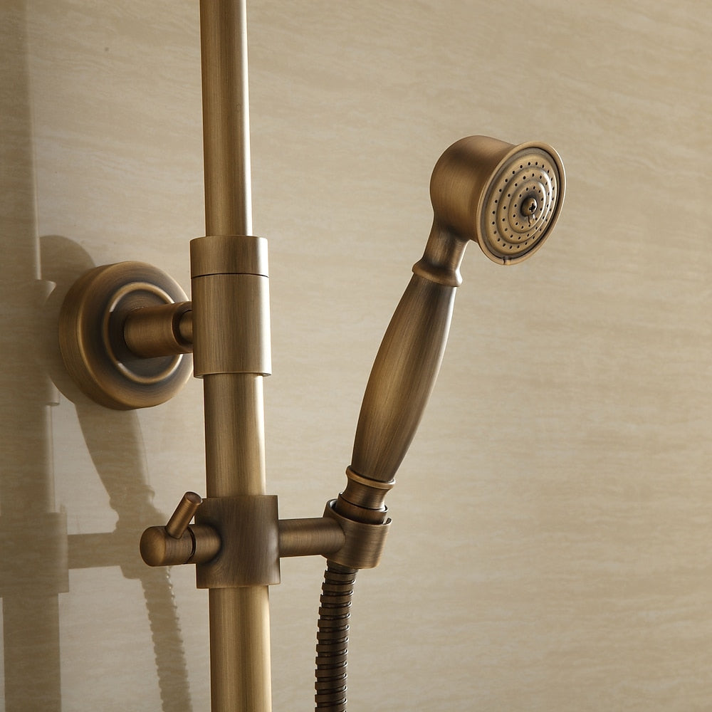 Antique Brass Vintage Exposed Shower Faucet, Wall-Mount Complete Shower System with Handheld Shower / 8-Inch Rain Shower Head