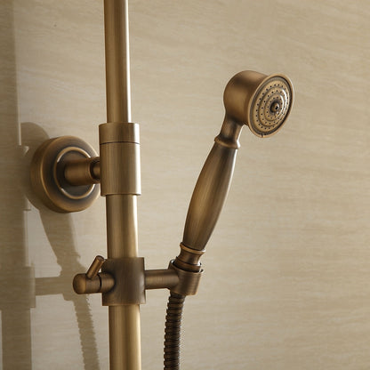 Antique Brass Vintage Exposed Shower Faucet, Wall-Mount Complete Shower System with Handheld Shower / 8-Inch Rain Shower Head