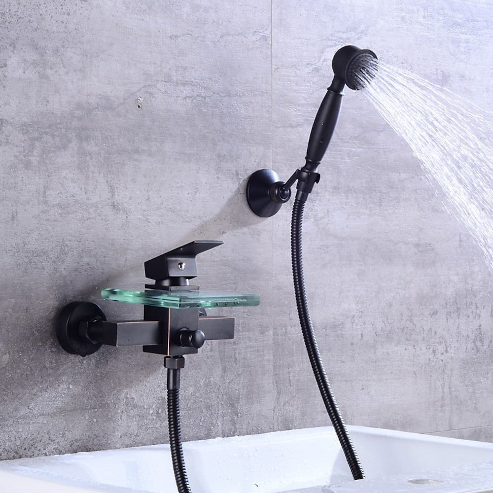 Waterfall Modern Wall-Mount Bathtub Faucet, Single-Handle Tub Filler Faucet with Handheld Shower, Oil-Rubbed Bronze / Chrome