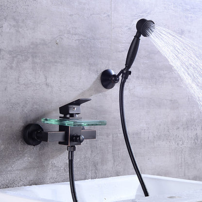 Waterfall Modern Wall-Mount Bathtub Faucet, Single-Handle Tub Filler Faucet with Handheld Shower, Oil-Rubbed Bronze / Chrome