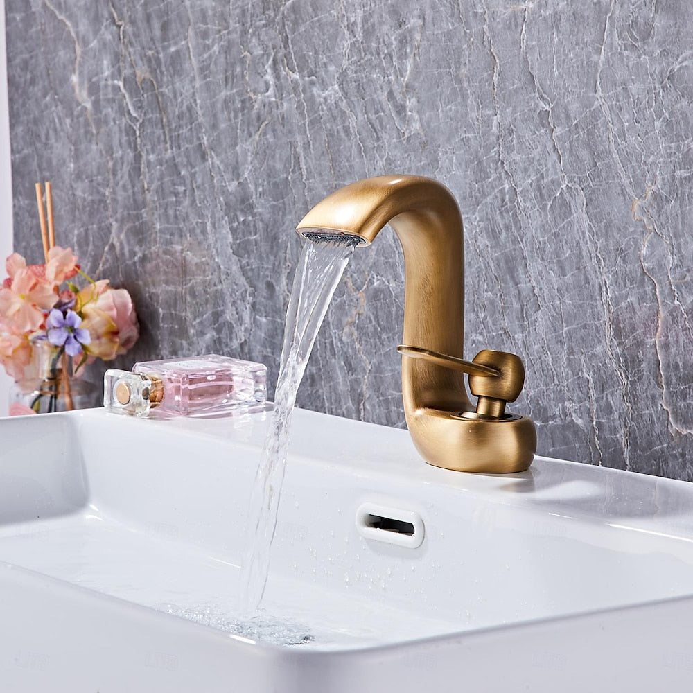 Modern Waterfall Single-Hole Bathroom Faucet, Single-Handle Brass Faucet, Antique Brass / Brushed Gold / Brushed Nickel