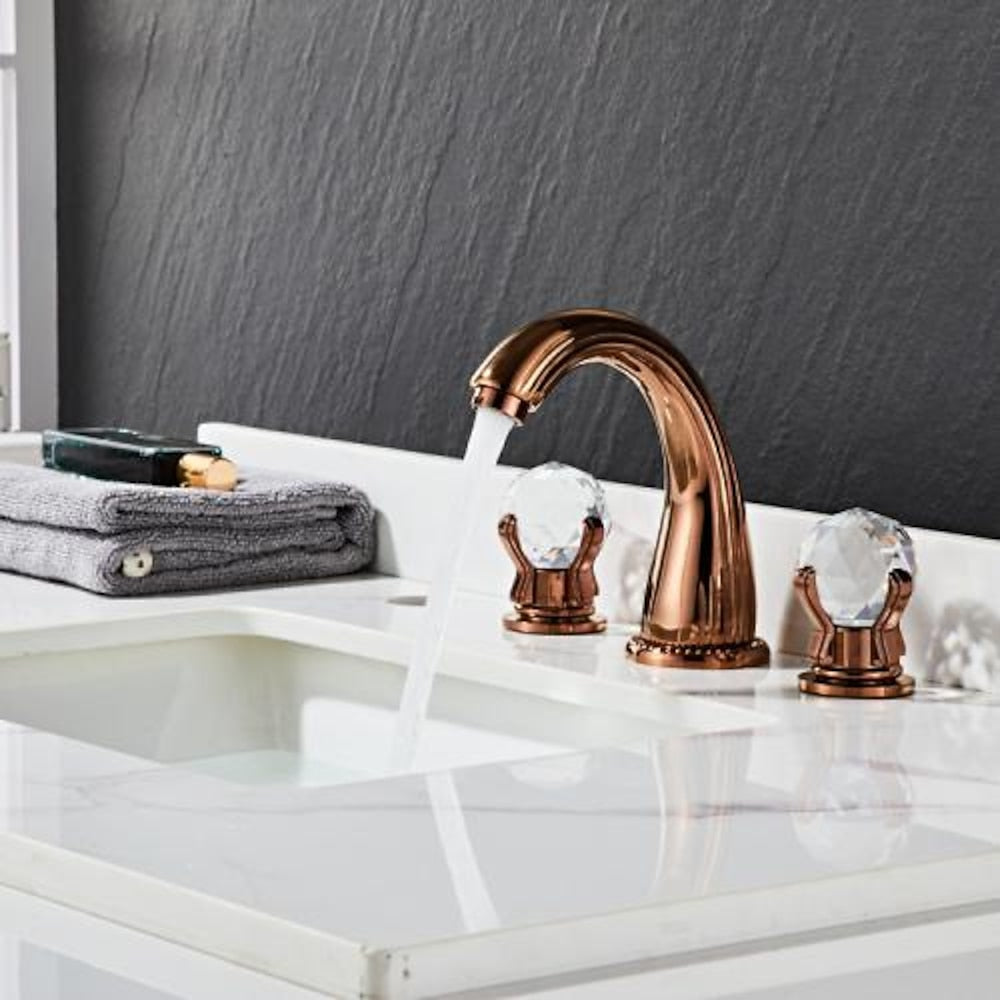 Modern Widespread Bathroom Faucet with Crystal Knob Handles, 3-Hole Double-Handle Brass Basin Mixer Tap, Antique Brass / Brushed Gold / Chrome / Matte Black / Rose Gold / Gunmetal / PVD