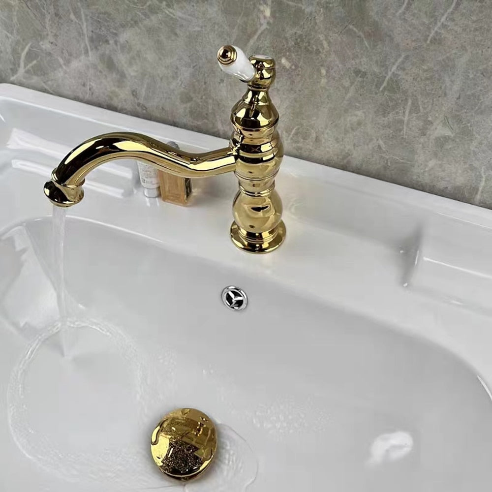 Vintage Single-Hole Bathroom Sink Faucet, Single-Handle Brass Faucet, Polished Gold / Chrome