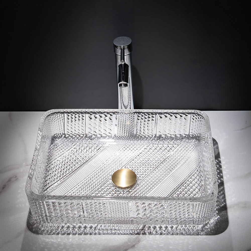 Transparent Rectangular Glass Vessel Sink, Single-Handle Chrome Faucet / Gold Pop-Up Drain Vessel Sink Set