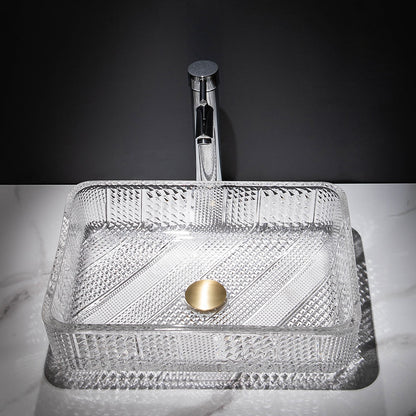 Transparent Rectangular Glass Vessel Sink, Single-Handle Chrome Faucet / Gold Pop-Up Drain Vessel Sink Set