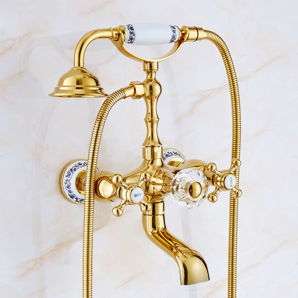 Polished Gold Wall-Mount Tub Filler Faucet, Telephone Dual-Handle Bathtub Faucet with Handheld Shower