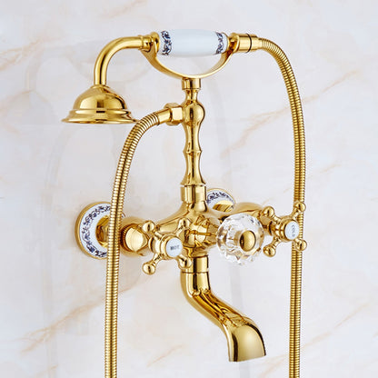 Polished Gold Wall-Mount Tub Filler Faucet, Telephone Dual-Handle Bathtub Faucet with Handheld Shower