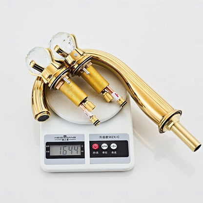 Polished Gold Widespread Bathroom Faucet, 3-Hole Dual-Handle High Arc Faucet with Crystal Knob Handles