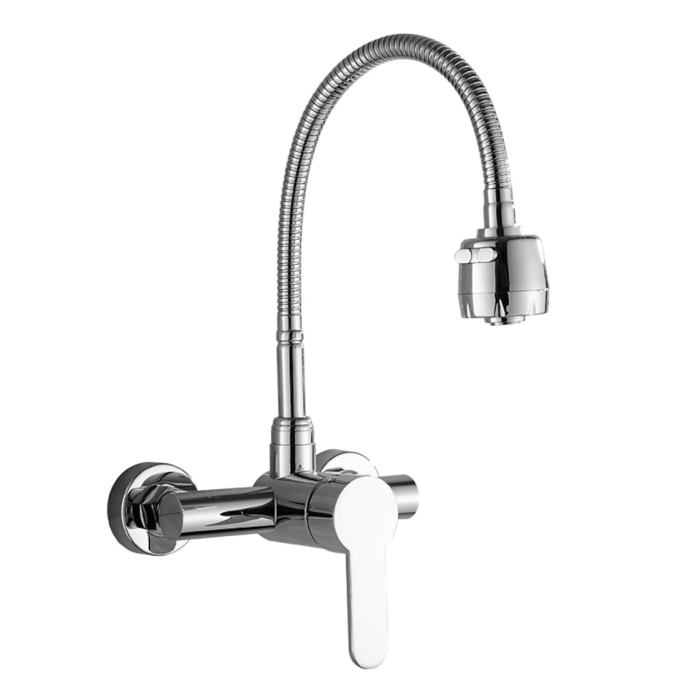 Flexible Spout Chrome Wall-Mount Kitchen Faucet, Modern Single-Handle Brass Faucet