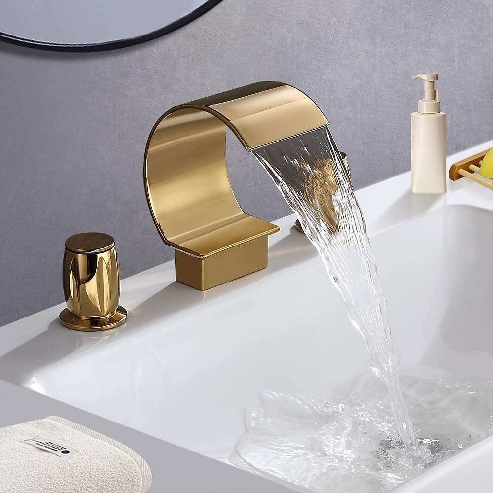 Waterfall Bathroom Faucet, Modern 3-Hole Widespread Dual-Handle Faucet, Polished Gold / Matte Black